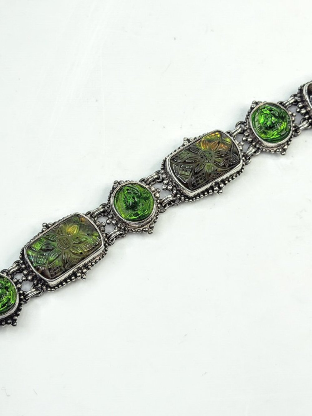 Vintage Stephen Dweck Sterling Carved Green Quartz Intaglio Bracelet JR1559